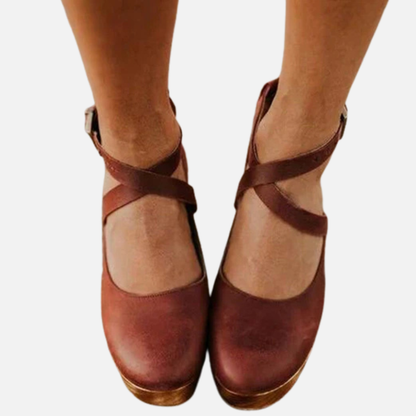 Women's Leather Mary Jane Clogs - Retro Platform Heel Ankle Strap Shoes