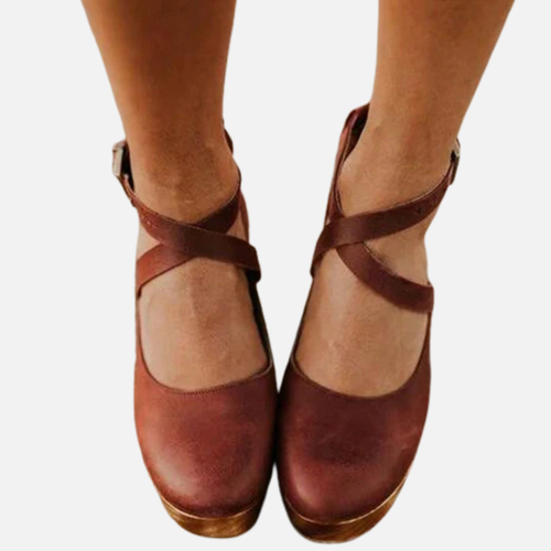 Women's Leather Mary Jane Clogs - Retro Platform Heel Ankle Strap Shoes