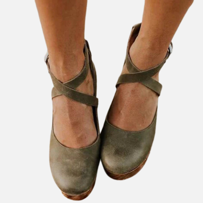 Women's Leather Mary Jane Clogs - Retro Platform Heel Ankle Strap Shoes