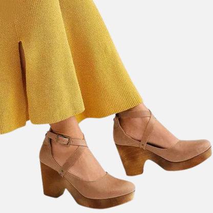 Women's Leather Mary Jane Clogs - Retro Platform Heel Ankle Strap Shoes