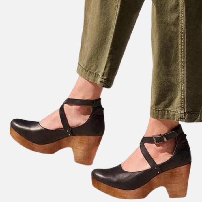 Women's Leather Mary Jane Clogs - Retro Platform Heel Ankle Strap Shoes