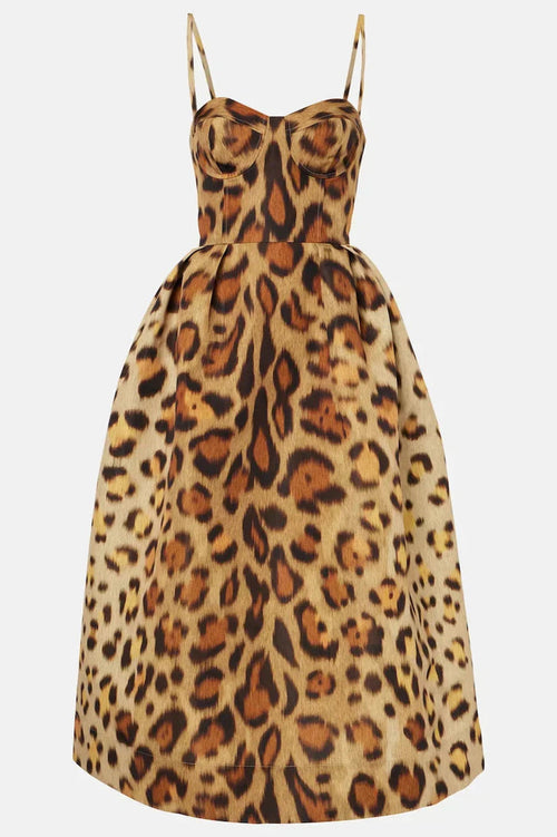 Talia Midi Dress | Leopard Print Bustier Corset, Body-Hugging Silhouette 0