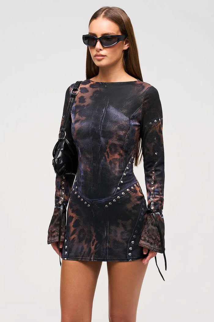 Cristel Mini Dress | Leopard Print, Sheer Mesh, Body-Hugging Fit 0