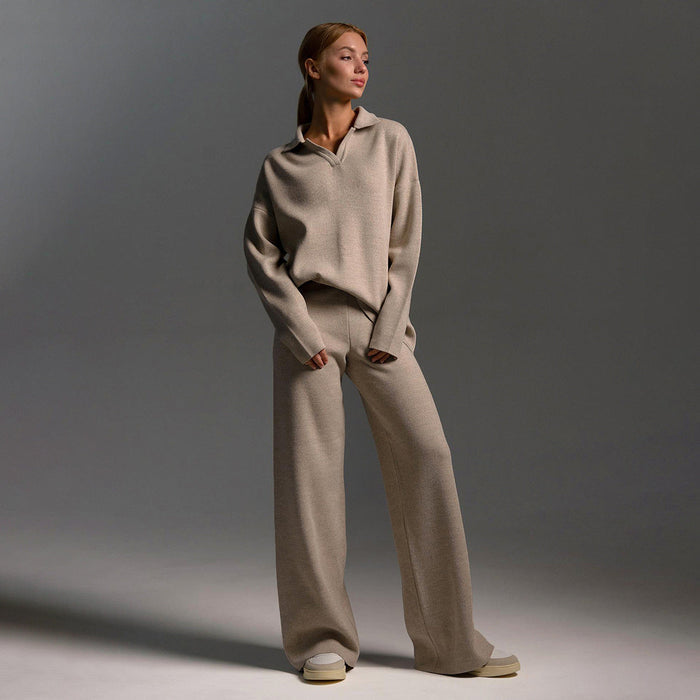 Women's Elegant Casual Outfit – Wide Leg Trousers and Polo Shirt 0