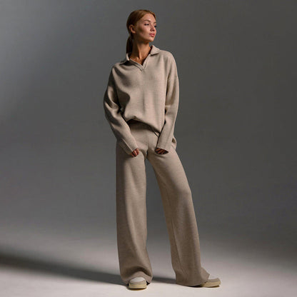 Women's Elegant Casual Outfit – Wide Leg Trousers and Polo Shirt 0