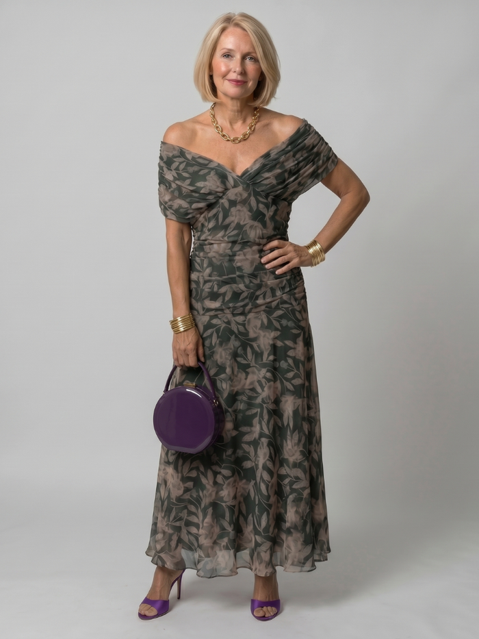 Calen Midi Dress | Off Shoulder, Draped Neckline 4