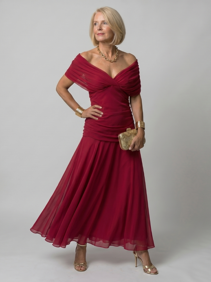 Calen Midi Dress | Off Shoulder, Draped Neckline 7
