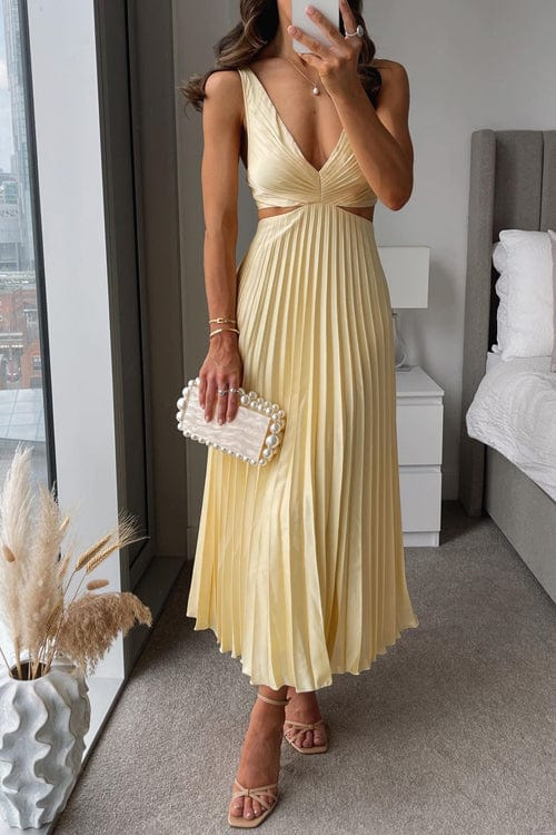Women's Pleated V-Neck A-Line Midi Dress 0