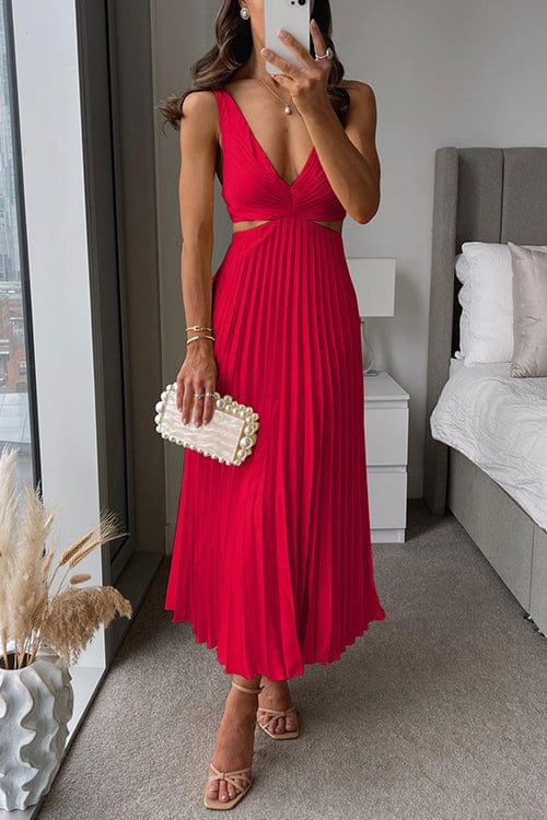 Women's Pleated V-Neck A-Line Midi Dress 1