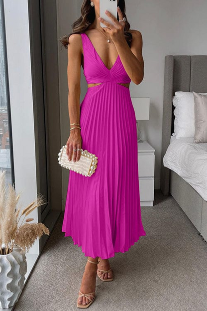 Women's Pleated V-Neck A-Line Midi Dress 2