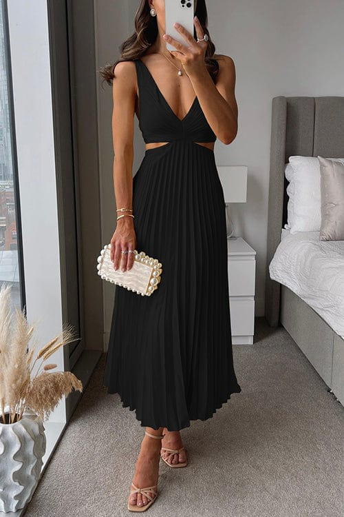 Women's Pleated V-Neck A-Line Midi Dress 3