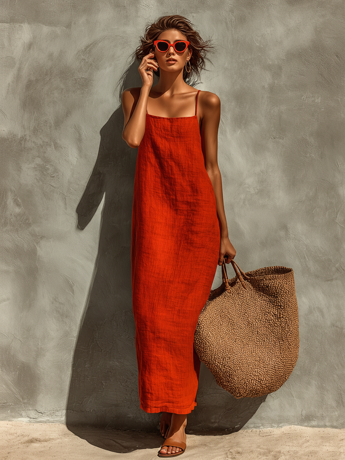 Riona Linen Dress | Red, Spaghetti Straps, Square Neck 1