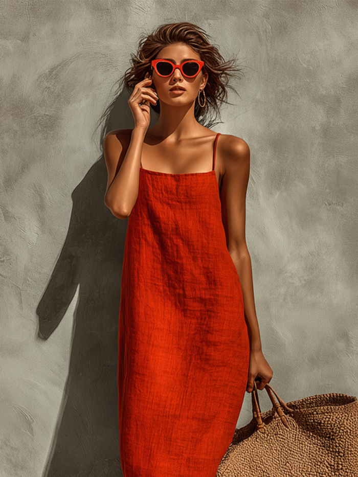 Riona Linen Dress | Red, Spaghetti Straps, Square Neck 2