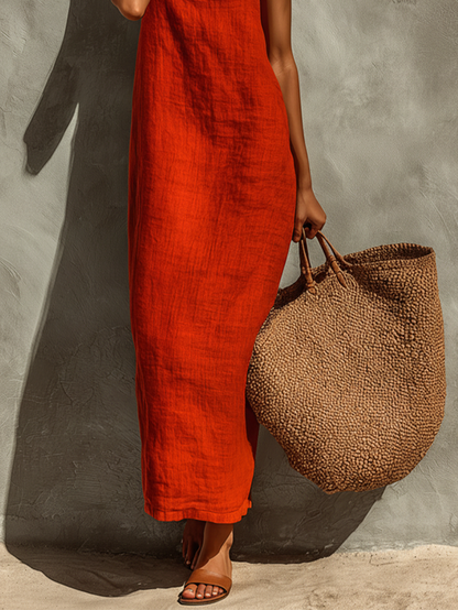 Riona Linen Dress | Red, Spaghetti Straps, Square Neck 3