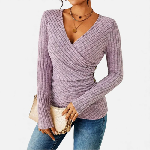 Women's Ribbed Wrap-Front Top – Long Sleeve V-Neck Blouse