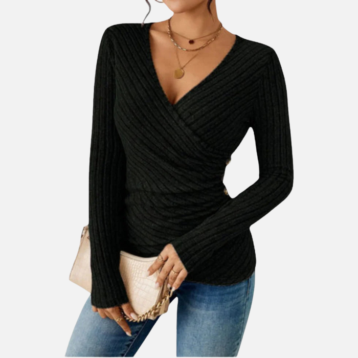 Women's Ribbed Wrap-Front Top – Long Sleeve V-Neck Blouse