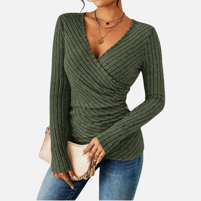 Women's Ribbed Wrap-Front Top – Long Sleeve V-Neck Blouse