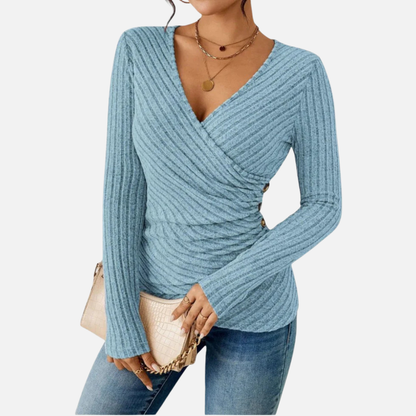 Women's Ribbed Wrap-Front Top – Long Sleeve V-Neck Blouse
