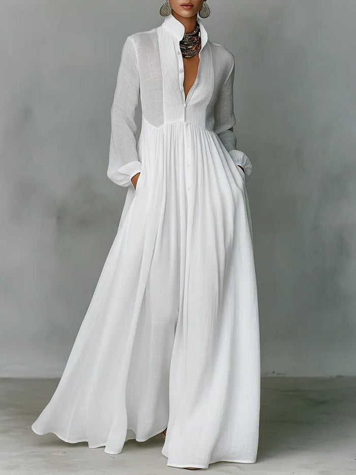 Linen Blend Maxi Shirt Dress with Stand Collar and Pockets for Women 0