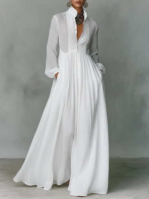Linen Blend Maxi Shirt Dress with Stand Collar and Pockets for Women 0