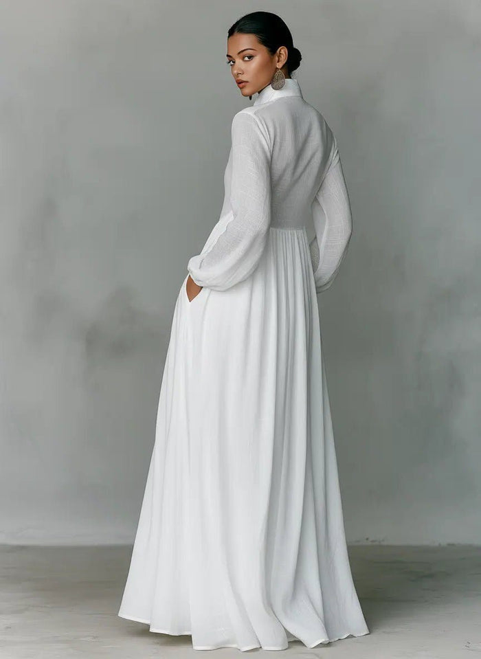 Linen Blend Maxi Shirt Dress with Stand Collar and Pockets for Women 1