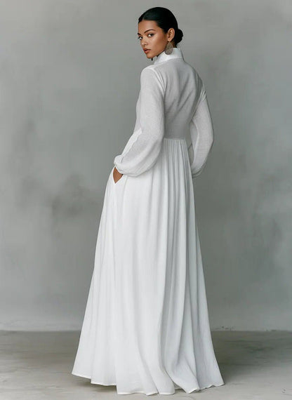Linen Blend Maxi Shirt Dress with Stand Collar and Pockets for Women 1