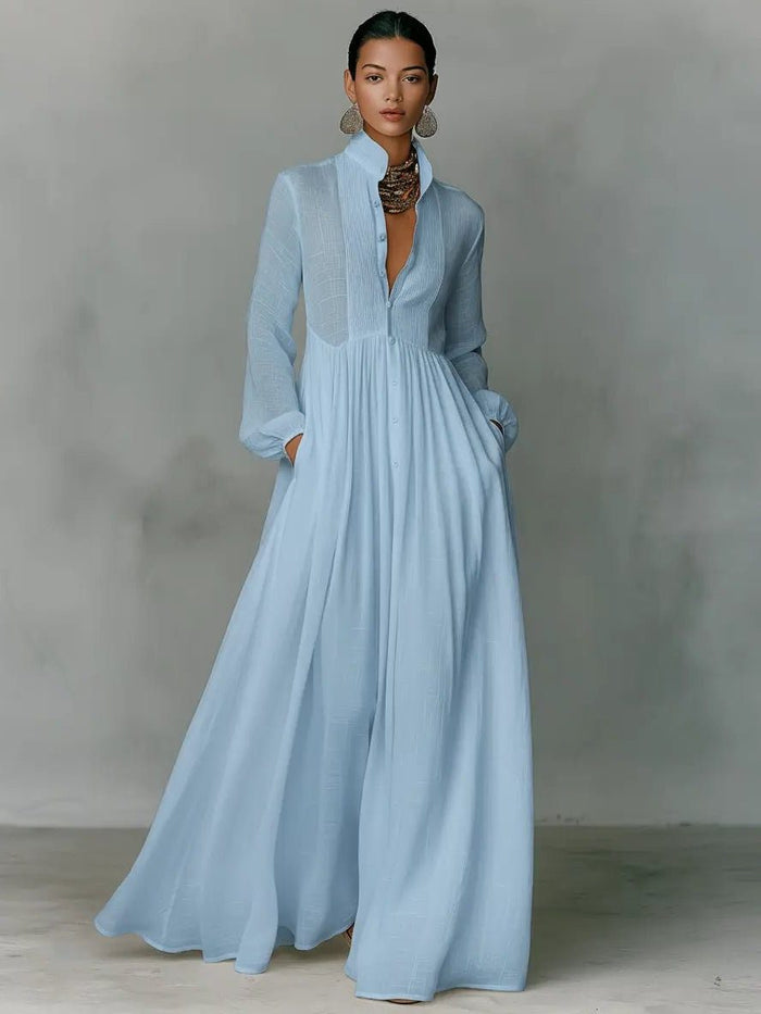 Linen Blend Maxi Shirt Dress with Stand Collar and Pockets for Women 2