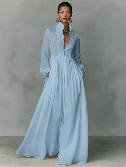 Linen Blend Maxi Shirt Dress with Stand Collar and Pockets for Women 2