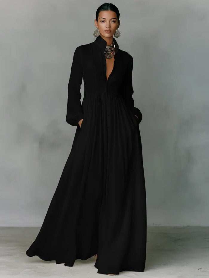 Linen Blend Maxi Shirt Dress with Stand Collar and Pockets for Women 3