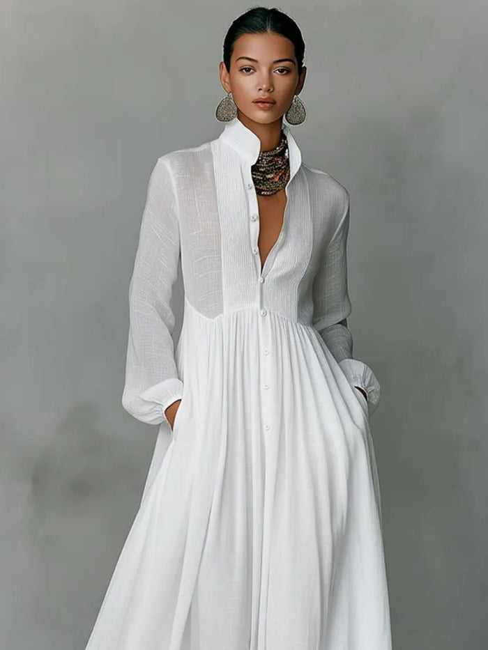 Linen Blend Maxi Shirt Dress with Stand Collar and Pockets for Women 4