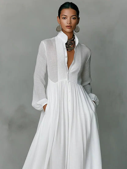 Linen Blend Maxi Shirt Dress with Stand Collar and Pockets for Women 4