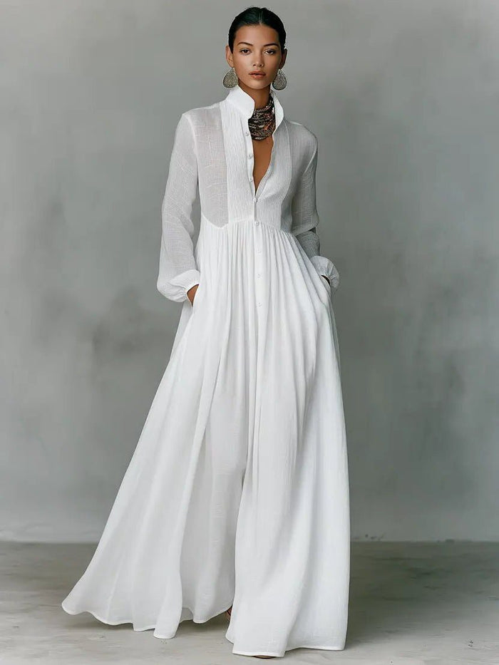 Linen Blend Maxi Shirt Dress with Stand Collar and Pockets for Women 6