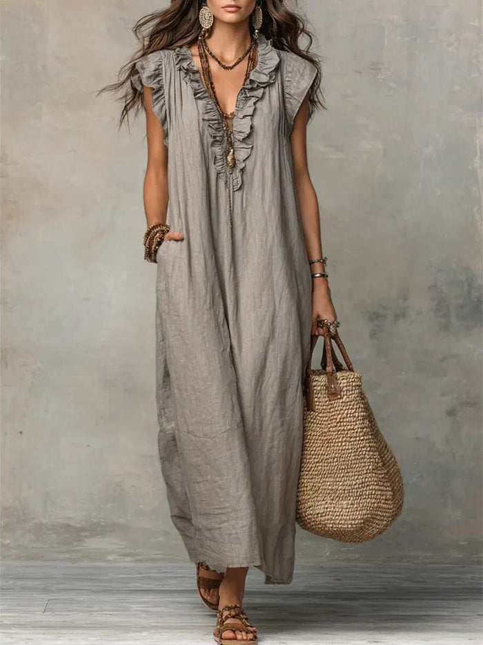 Linen Maxi Dress with V-Neck and Flutter Sleeves for Women 0