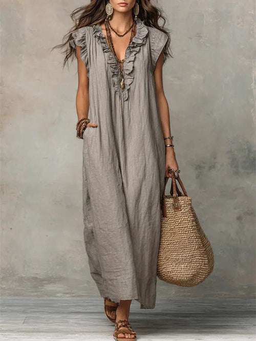 Linen Maxi Dress with V-Neck and Flutter Sleeves for Women 0