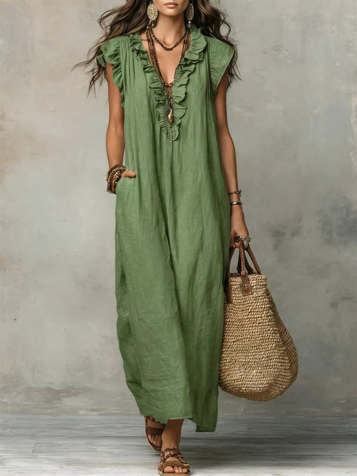 Linen Maxi Dress with V-Neck and Flutter Sleeves for Women 1