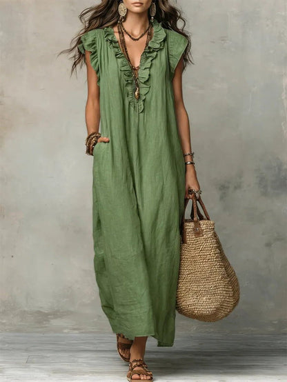 Linen Maxi Dress with V-Neck and Flutter Sleeves for Women 1