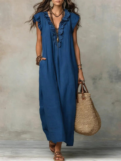 Linen Maxi Dress with V-Neck and Flutter Sleeves for Women 2