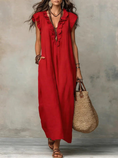 Linen Maxi Dress with V-Neck and Flutter Sleeves for Women 3