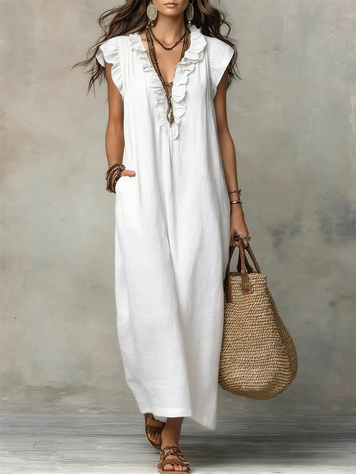 Linen Maxi Dress with V-Neck and Flutter Sleeves for Women 4