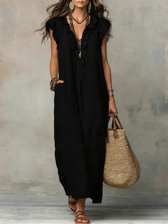 Linen Maxi Dress with V-Neck and Flutter Sleeves for Women 5