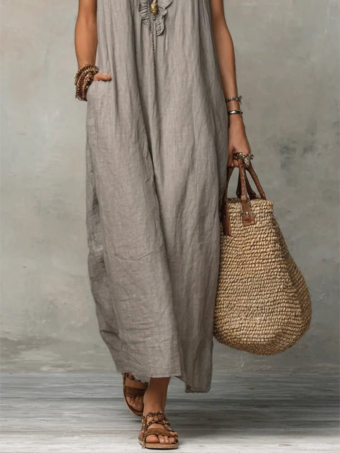 Linen Maxi Dress with V-Neck and Flutter Sleeves for Women 6