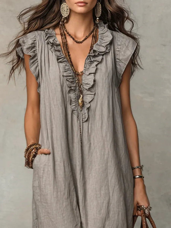 Linen Maxi Dress with V-Neck and Flutter Sleeves for Women 7