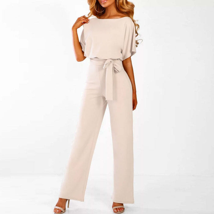 Wide Leg Jumpsuit for Women - Belted Short Sleeve 0