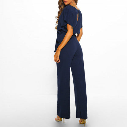 Wide Leg Jumpsuit for Women - Belted Short Sleeve 1
