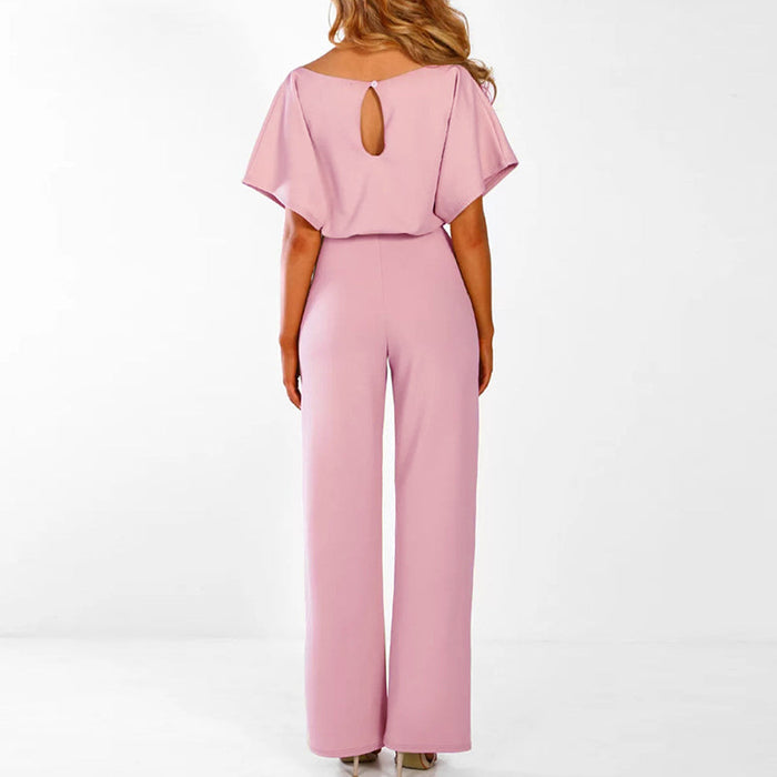 Wide Leg Jumpsuit for Women - Belted Short Sleeve 2
