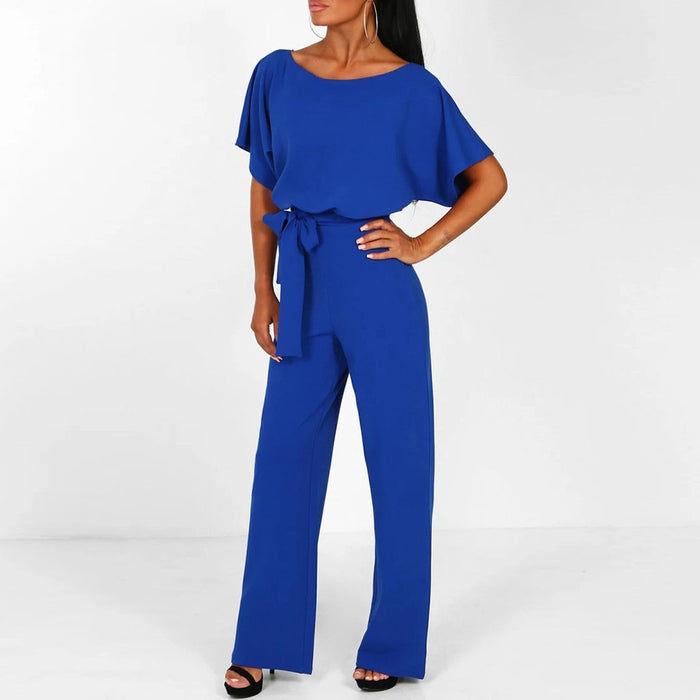 Wide Leg Jumpsuit for Women - Belted Short Sleeve 4