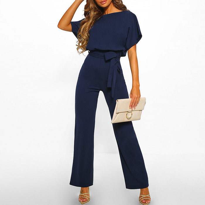 Wide Leg Jumpsuit for Women - Belted Short Sleeve 5