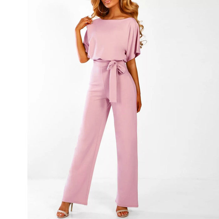 Wide Leg Jumpsuit for Women - Belted Short Sleeve 6