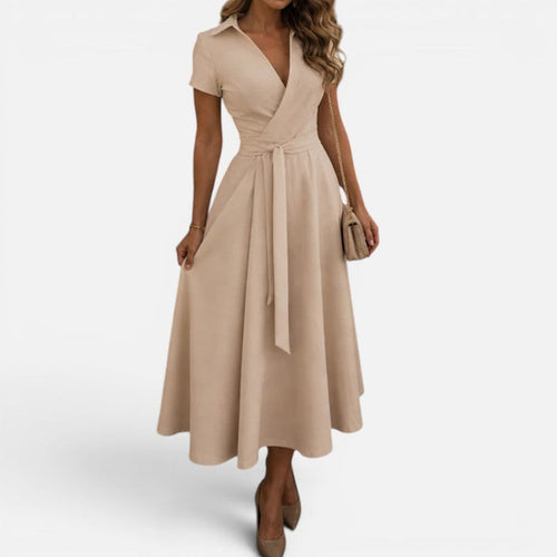 Midi dress, wrap style, tie belt, V-neck, short sleeves 0