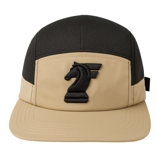 Beige and black cap with a logo on a white background
